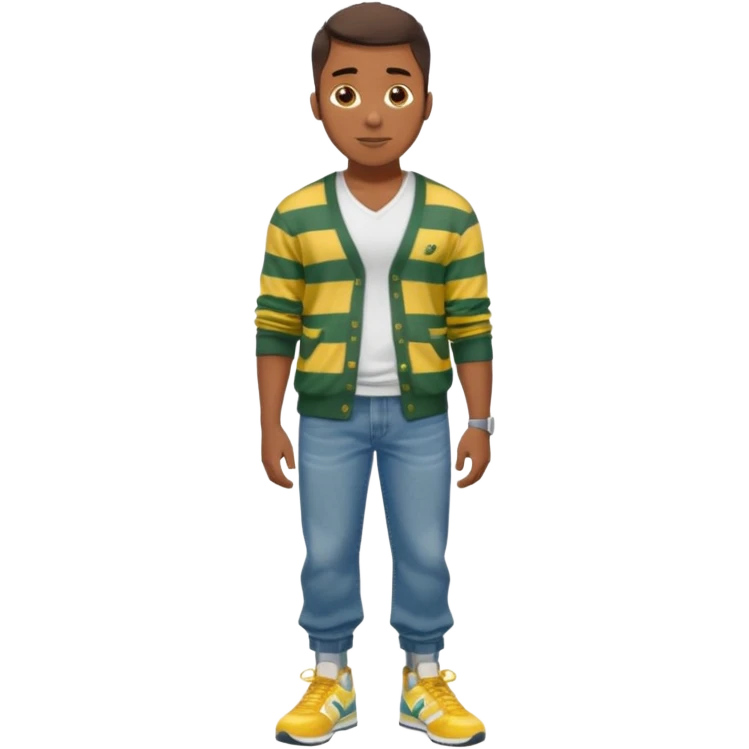 Handsome Black guy with brown skin tone, with lean muscular build, wearing baggy blue jeans, a white v-neck t-shirt, a yellow and green striped cardigan sweater, and grey new balance sneakers  emoji