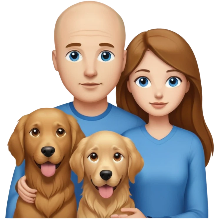 Young blue eyes Bald man and young long brown hair woman with golden retriever  emoji