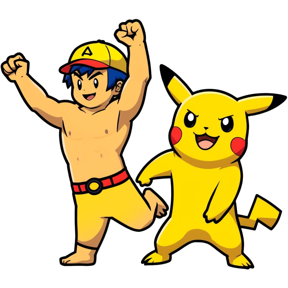 Hot handsomeb muscular 6ft 5inch tall smiling happy fun shirtless Ash Ketchum and friends, one fist raised in celebration the other hand on the front of  his thigh Pikachu on the floor looking up emoji