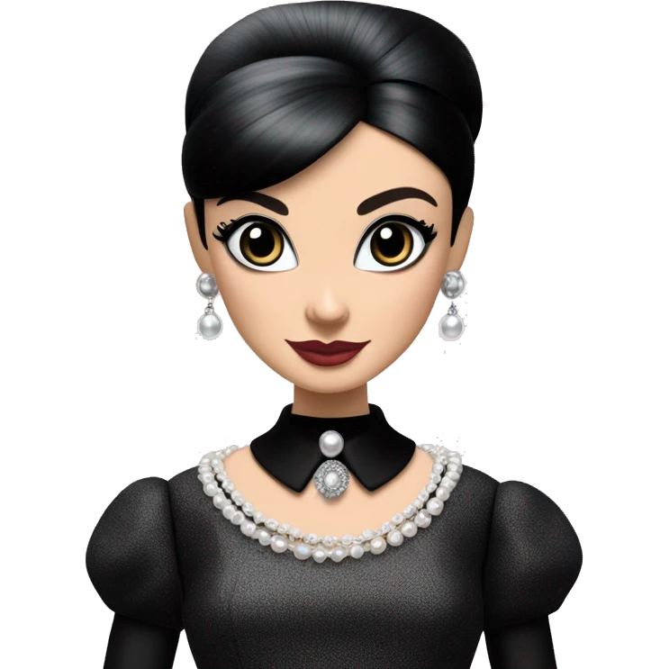 Audrey Hepburn as Sabrina Barbie.Wednesday Addams. Show full body wearing Embroidered long black gown jewelry gloves pearl earrings  emoji