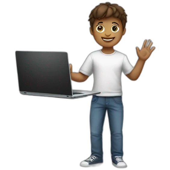 boy holding laptop and waving hi emoji