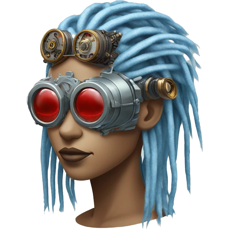 Light blue long dreadlocks female cyborg head with red steampunk goggles and circuits emoji