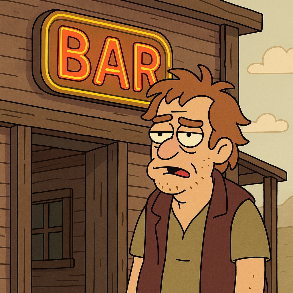 rustic wooden building, neon sign emoji
