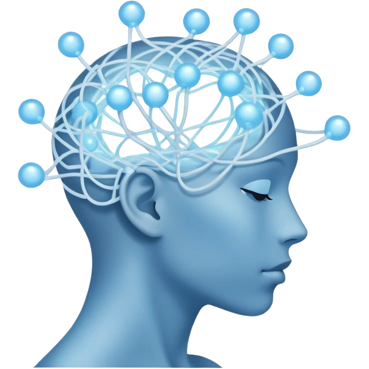 elegant human silhouette with delicate interconnected lines and floating orbs, luminous cores at head and heart, soft white-blue light emoji