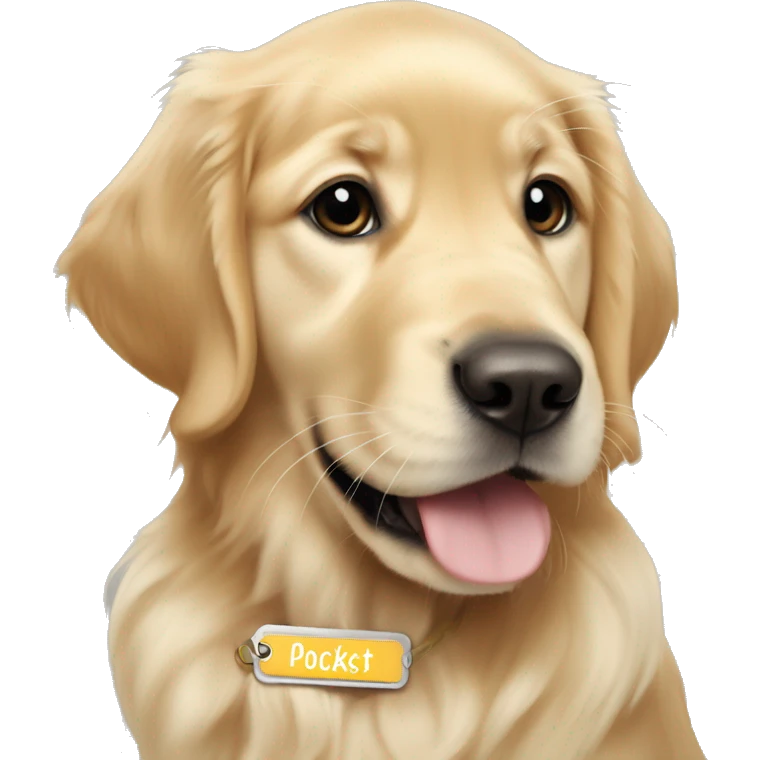 golden retriver puppy with name tag that says pockets emoji