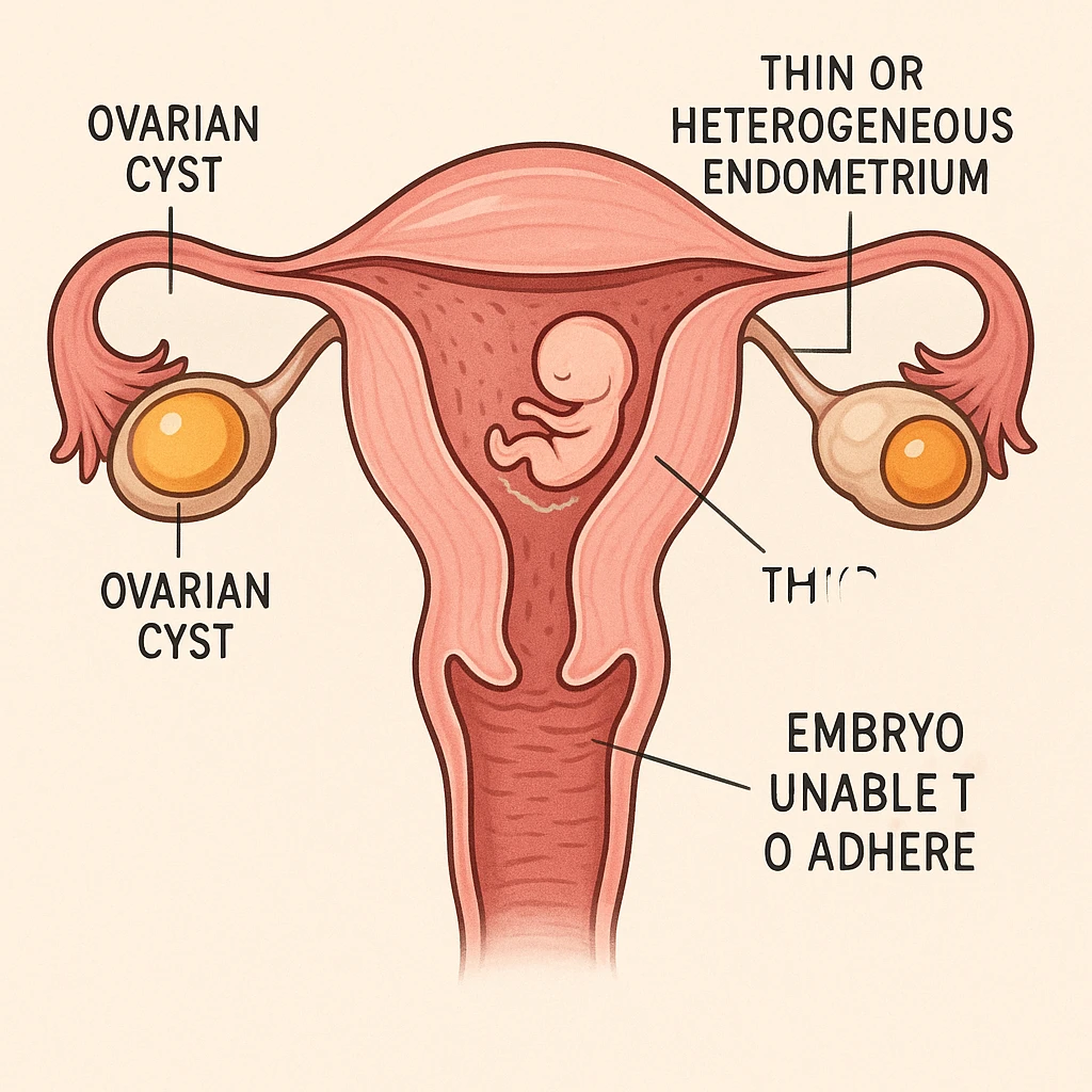 cross section of uterus with thin or heterogeneous endometrium, highlighted ovarian cysts, stylized embryo unable to adhere, scientific atmosphere, explanatory captions, light background emoji