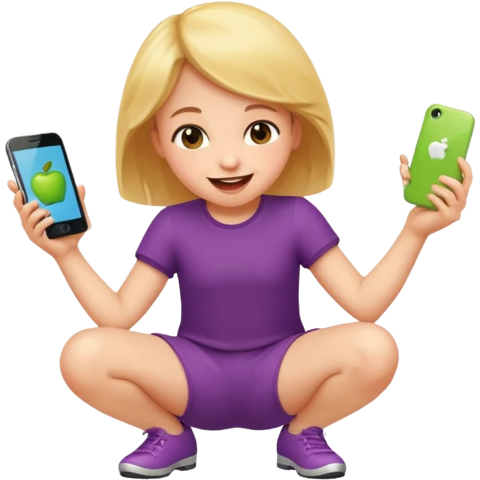 happy child dancing with a phone, crouching low, apple style emoji emoji