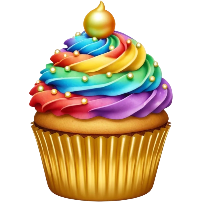 cupcake with rainbow frosting and gold pearls emoji