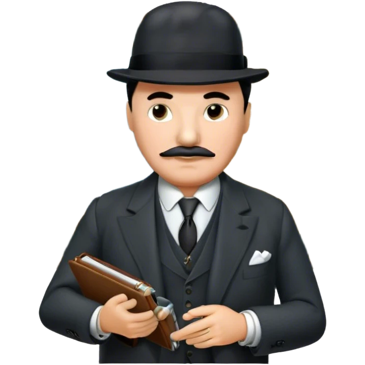 A cinematic-style frame showing Hercule Poirot in his iconic suit with a notebook in a dramatic detective pose. Background should be mysterious city, map, a board with photos of suspects, clues like fingerprints. Transparent background. emoji