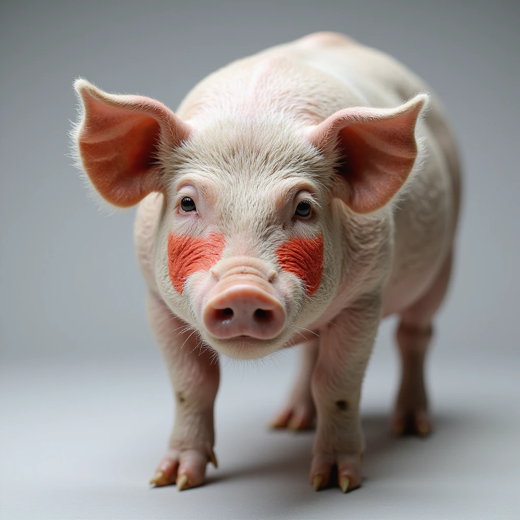 Realistic pig on isolated white background, thyroid area on neck highlighted in red, clear anatomical details, hyperrealism, 4K quality, front view emoji