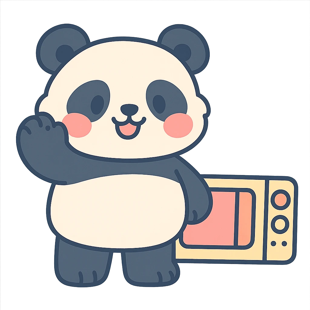 fluffy panda in chibi style, with microwave oven details, blushing and waving, soft pastel colors, full-body emoji