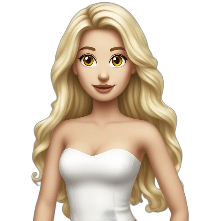 hyperrealist caucasian long hair blonde brown eyes strapless white top gray tight mini skirt emoji