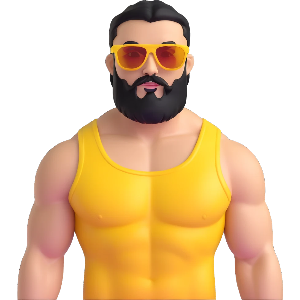 muscular man with black beard wearing yellow sunglasses emoji