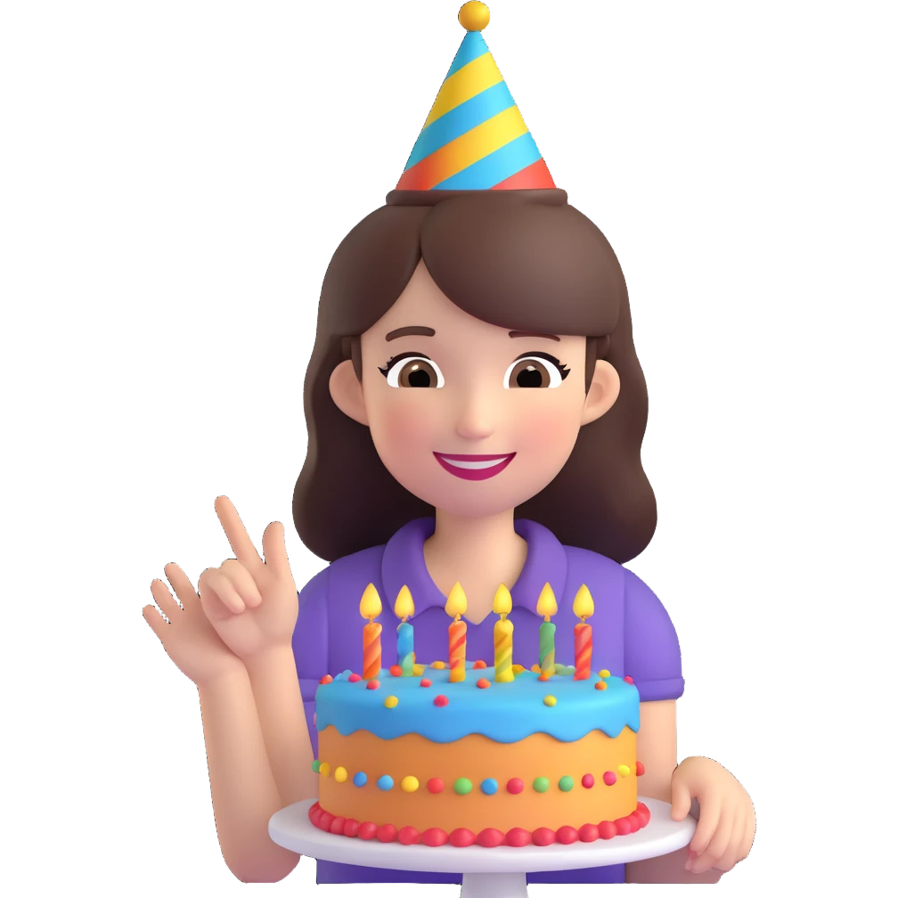 brunette girl celebrating her birthday, festive, colorful, smiling, party hat, cake emoji