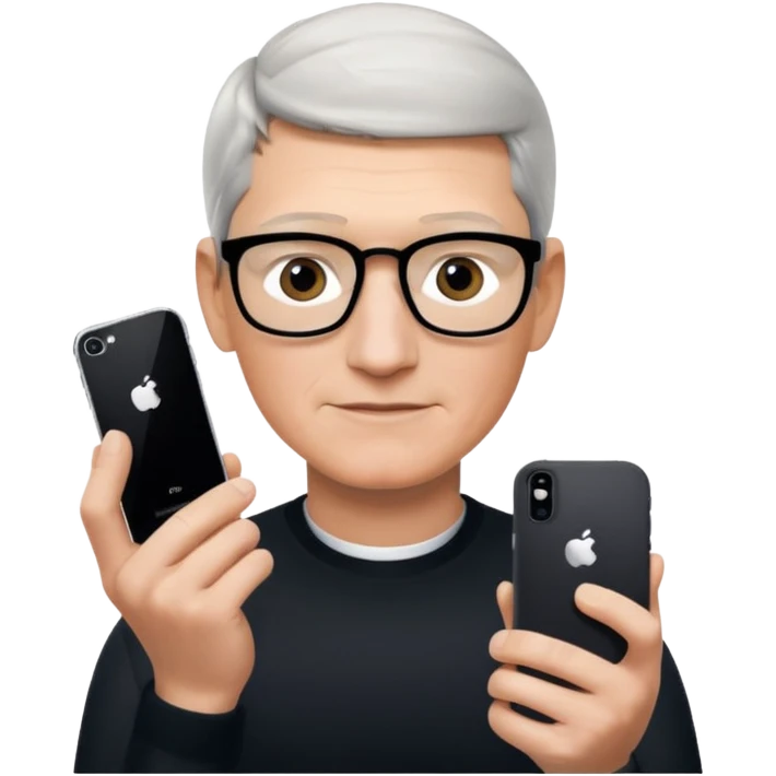 Tim Cook wiyh iphoine into his hands with one iphone the neweswt one emoji