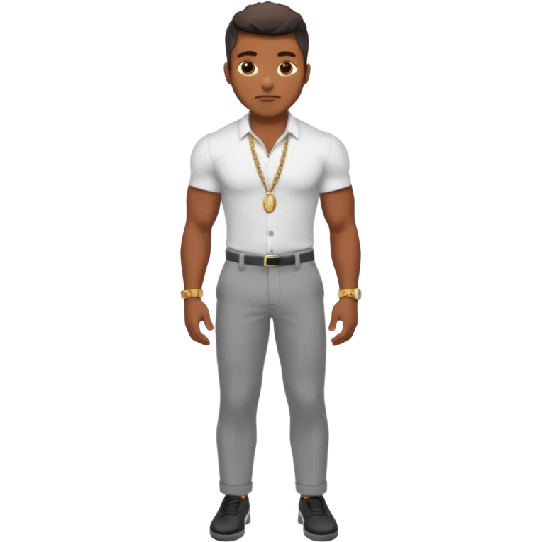 Handsome Black guy with brown skin tone, with lean muscular build, wearing gray slacks, a white button up top, black shoes, and a small gold chain emoji