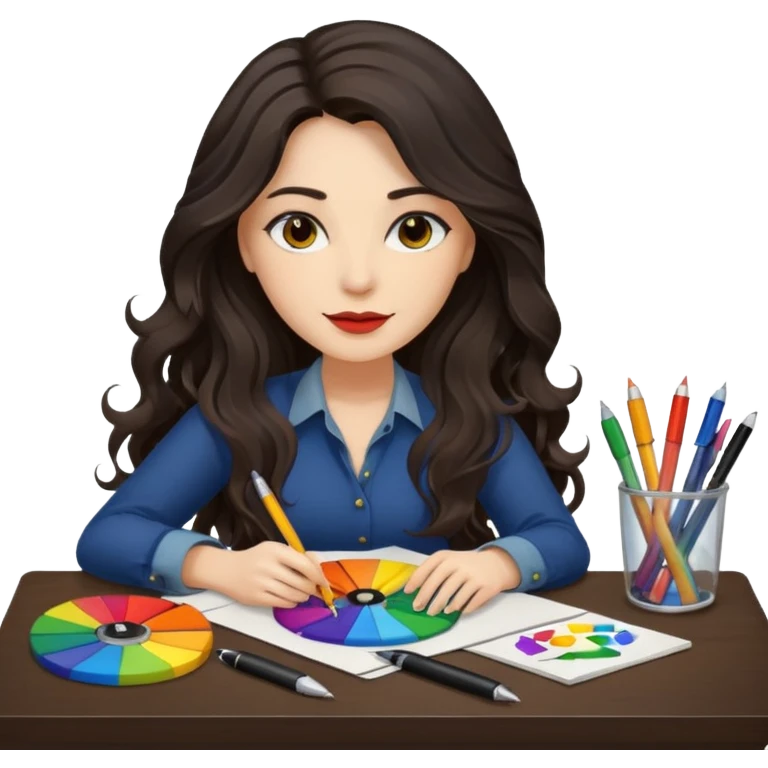 female dark wavy long hair graphic designer , color wheel, pens, papers , desktop emoji