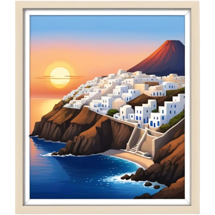 Cinematic Realistic Santorini Caldera Landmark Emoji, featuring white-washed buildings perched on volcanic cliffs, overlooking the deep blue Aegean Sea, with warm sunset hues illuminating the sky and reflecting off the water. emoji