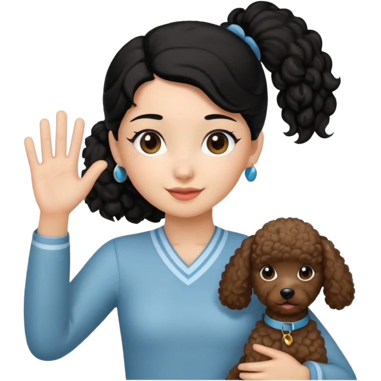 Ponytail black hair girl with brown Poodle say goodbye  emoji
