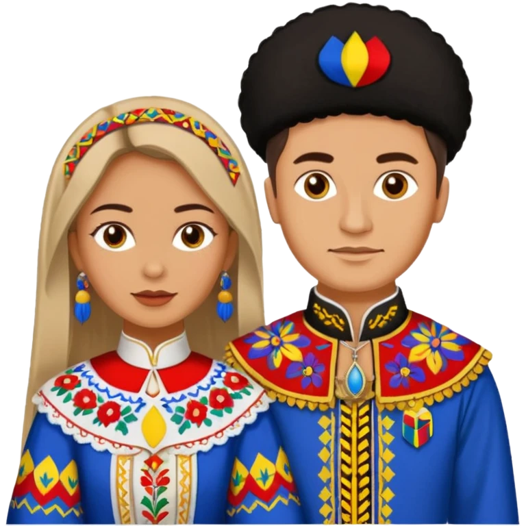 An woman dressed in a national Romanian costume and a men right next to her dressed in a Romanian national costume emoji
