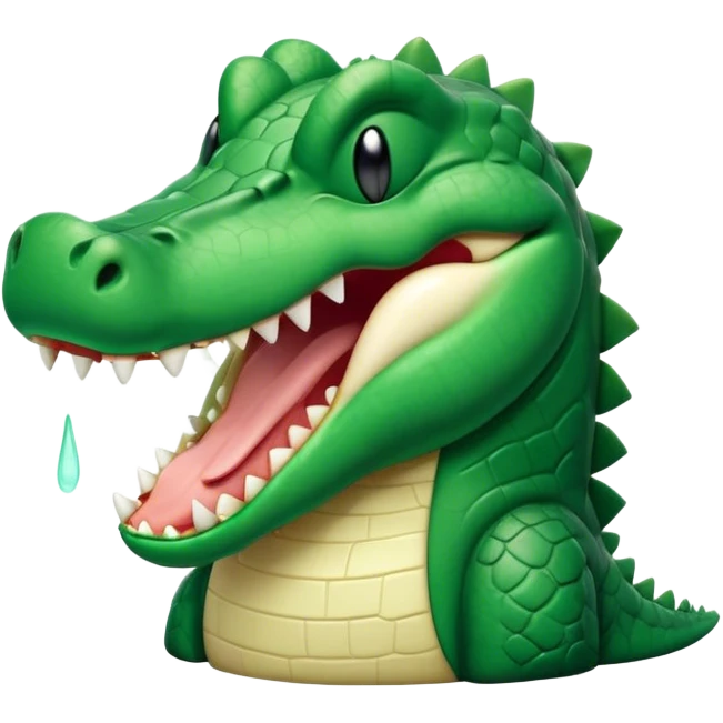 Cinematic Cute Yawning Crocodile Portrait Emoji, Head tilted slightly with a dramatic, wide-open yawn, showcasing a soft, textured emerald-green hide with slightly drooping jaws and half-closed eyes in drowsy contentment, Simplified yet irresistibly adorable features, highly detailed, glowing with a soft, cozy glow, high shine, relaxed yet expressive, stylized with a touch of reptilian whimsy, bright and endearing, soft glowing outline, capturing the essence of a sleepy yet affectionate crocodile, so drowsy it feels like it could stretch out of the screen and curl up for a nap! emoji