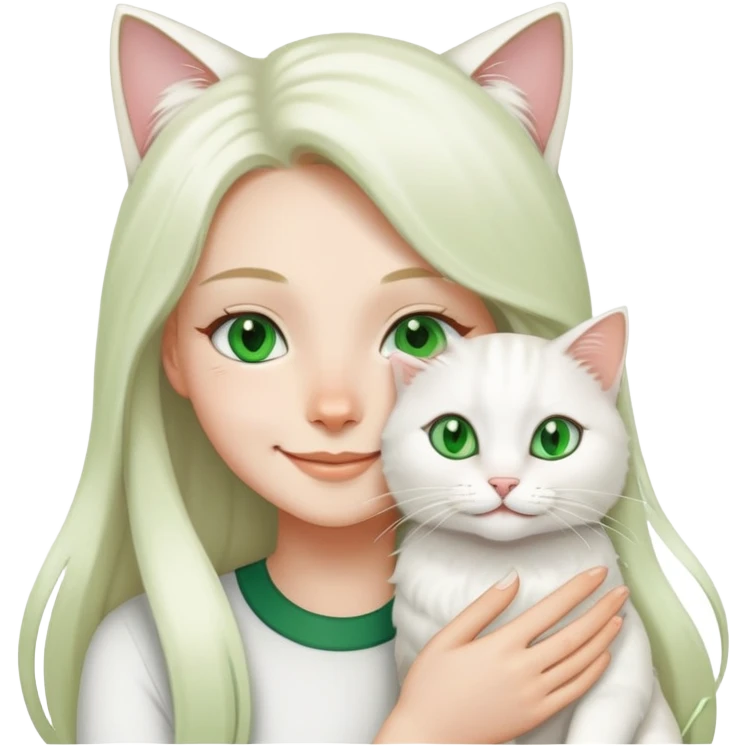 girl holding a long-hair cat and smiling, the cat is white and its eyes are green emoji