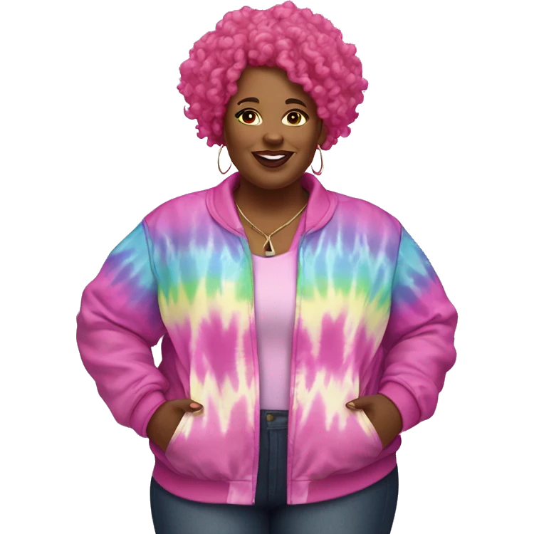 Plus size black woman with pink curly hair and a tie dye jacket  emoji