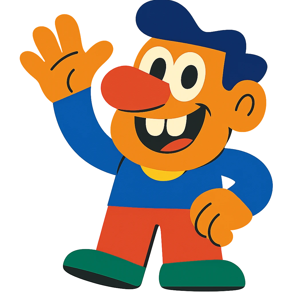 a cheerful character with a big nose, buck teeth, and waving hand, cartoon style, vibrant toon, colorful and lively illustration emoji