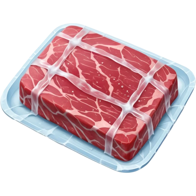 single raw meat cut steak or filet wrapped in thin layer of frosty plastic film with visible ice crystals slightly opaque surface pink to red meat with subtle marbling stiff edges frozen solid no tray no label no extras soft lighting subtle shadows emoji scale emoji