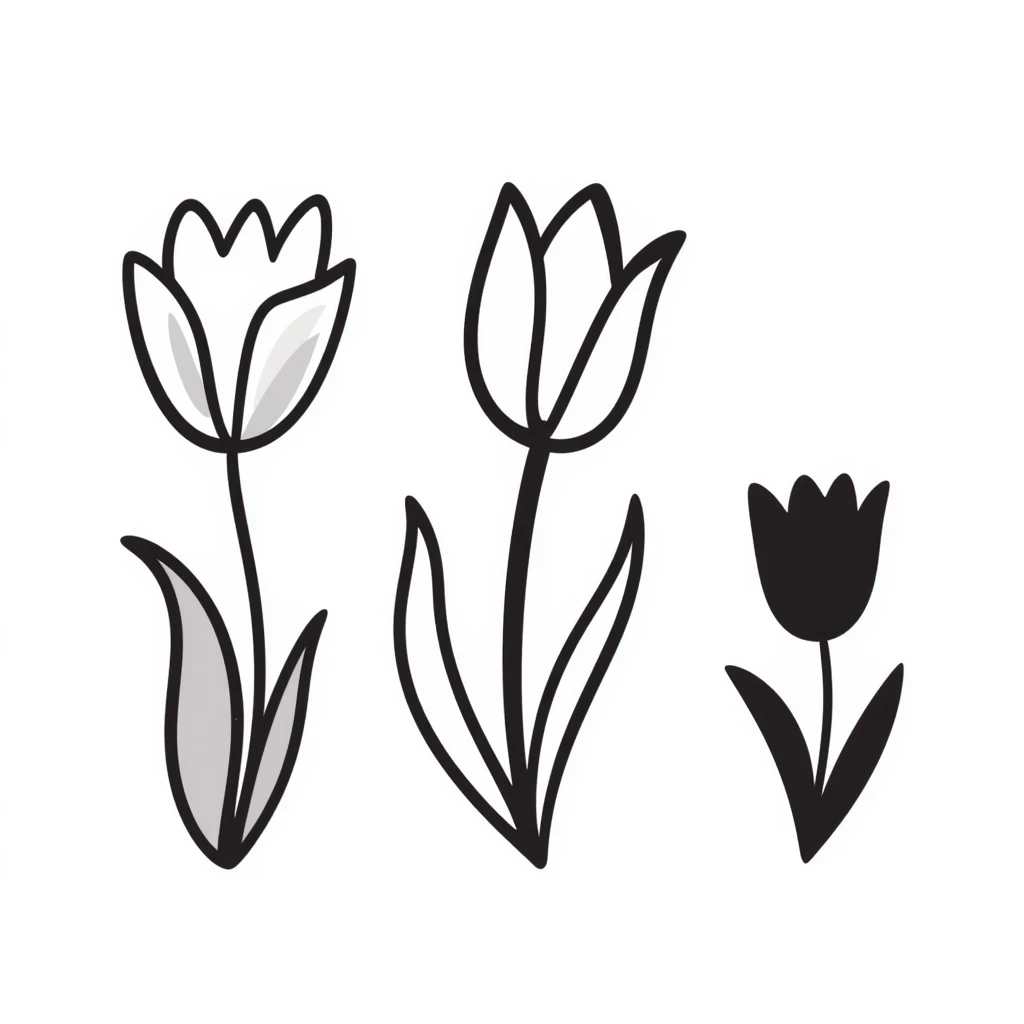 Tulip flowers with stems and leaves in pastel colors (dd9fb0, ffc6d3, a3bfc9, c4bee2, f1b091), hand-drawn doodle style emoji