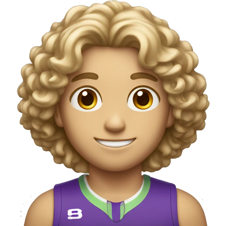 whitw boy with curly medium lenght hair with a trophy emoji