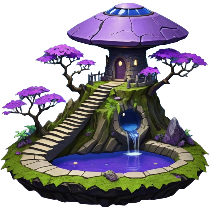 Crashed Alien saucer pool-castle jungle winding footpath mountainside getaway haunted nighttime landscape antique mudman very old broken cracked intricate Stone Age lapis-crusted irregular dodecagon-shaped shallow dark moss rough bark violet flowered maple treehouse bonsai emoji