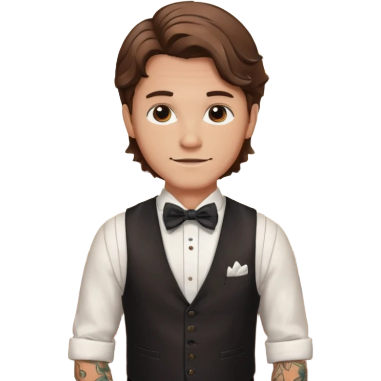 a bartender man with bow tie and vest, having brown wavy hair and tattoo 















 emoji