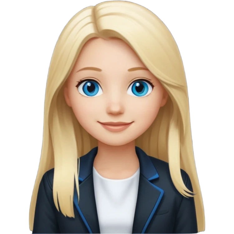 A white girl with long straight blonde hair, blue eyes and a white dress with a smiling black jacket emoji