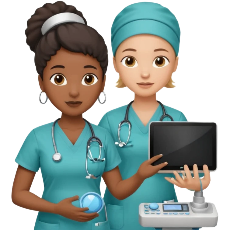 black female doctor and caucasian ultrasound technician without white coat performing a fetal ultrasound  emoji