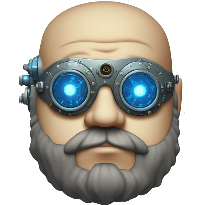 Bearded Fat bald cyborg head with tan skin, blue steampunk goggles and circuits emoji