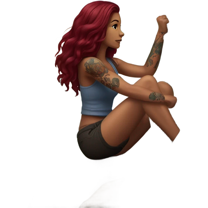 Beautiful tattooed woman long burgundy hair climbing rocks emoji