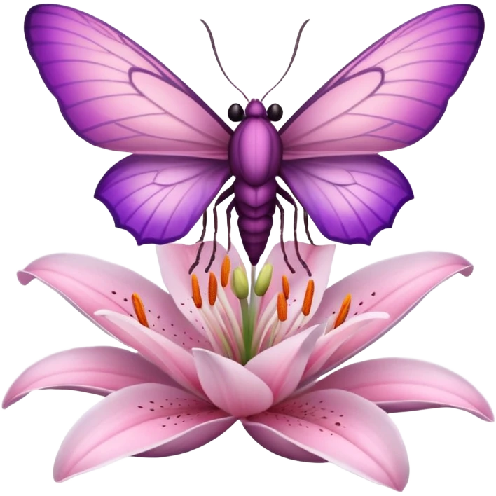 Композиция из моли и цветка — маленькая моль, сидящая на лепестке ночного цветка лилии. Цвета: пастельные, с акцентом на розовый и фиолетовый. Отражает гармонию с природой. emoji