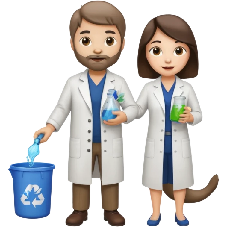 an otter disguised as a woman picking up trash bins, next to a man mad scientist emoji