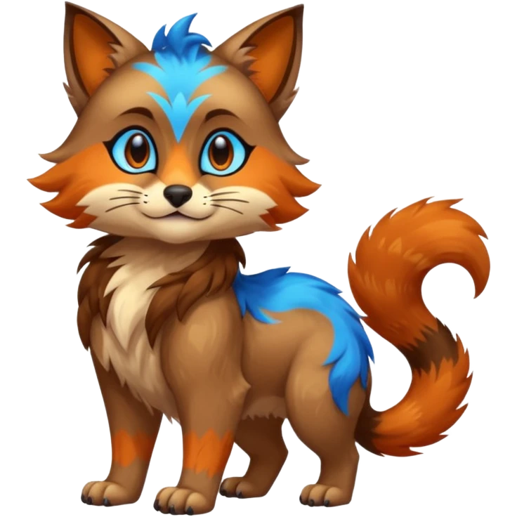 Colorful brown with blue and orange tropical exotic shiny beautiful fantasy-Cacomistle-oncilla-animal-Fakémon-hybrid-fursona (full body) emoji