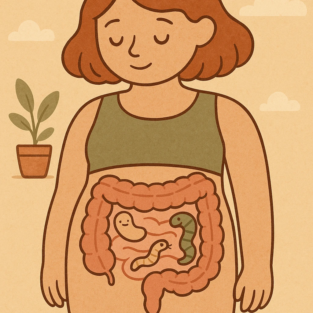 educational cartoon drawing anatomical section of female body, intestine with few stylized non-disturbing parasites, soft colors, friendly atmosphere, 4K resolution emoji