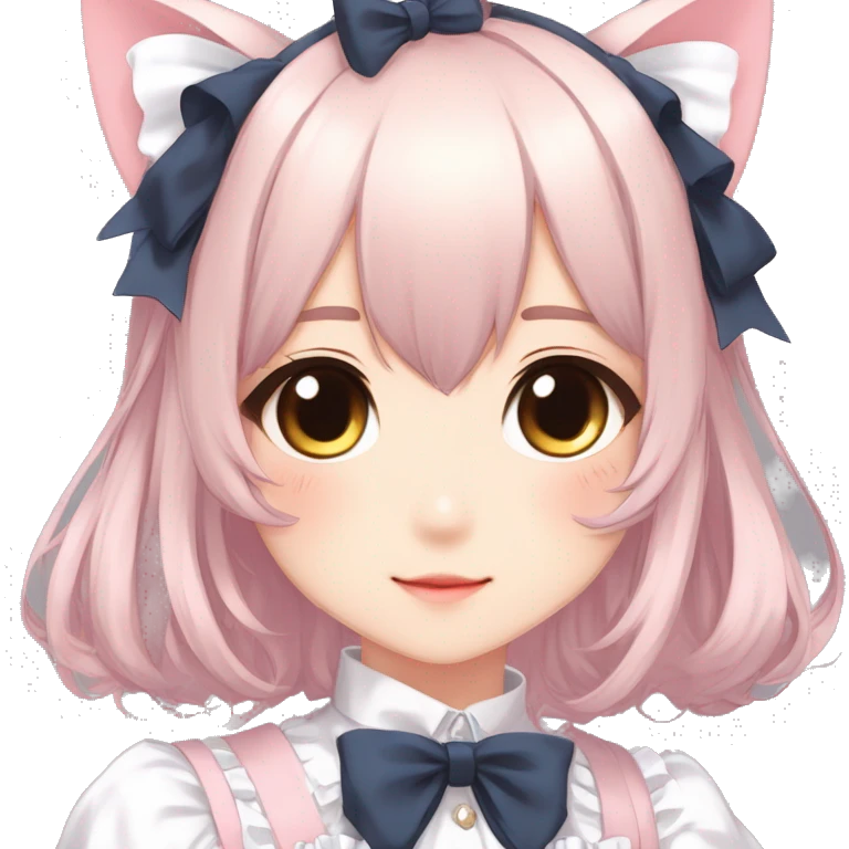 Gorgeous anime style catgirl with blushing face with maid outfit bow tie idol model kawaiicore pearly petite simplistic aesthetic trending style emoji