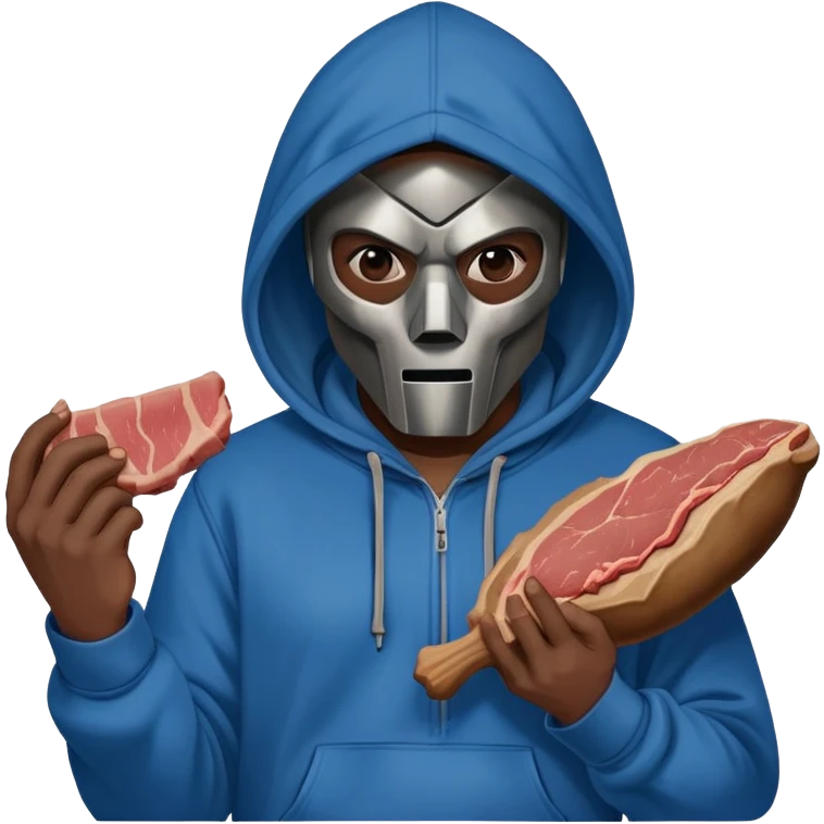 MF DOOM in a blue hoodie holding a piece of meat emoji