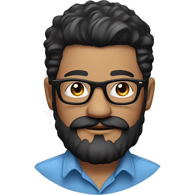  emoji of light skin man, black hair. blue button up shirt, black glasses, beard and mustache. tattoo of rose on right arm and apple watch emoji