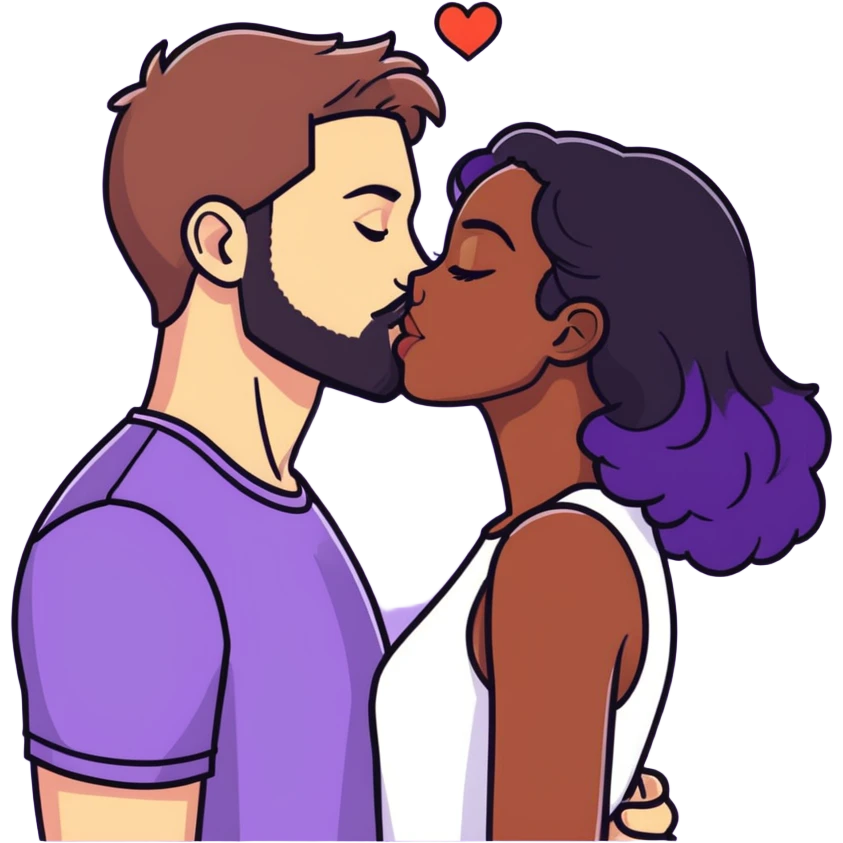 White guy with brown hair and beard kissing black girl with black and purple hair. Make them the same height emoji