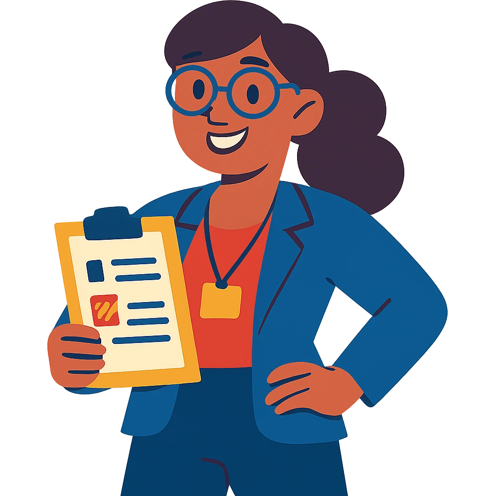 a cheerful and confident female project manager in a business casual outfit, smiling emoji