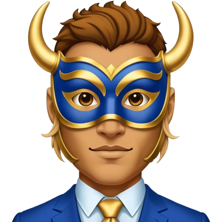 a man, with a Blue suit,  wear half-face golden Buffalo masquerade mask emoji
