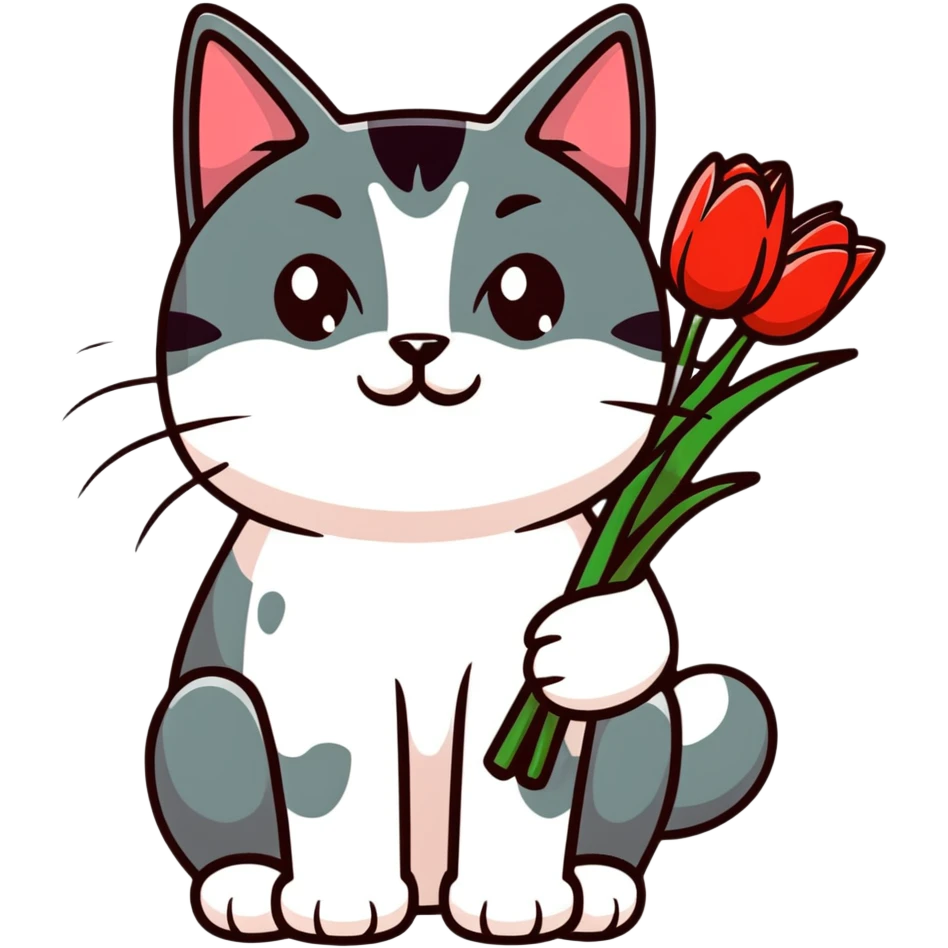 tricolor fluffy cat with big green eyes holding red tulips in her arms emoji