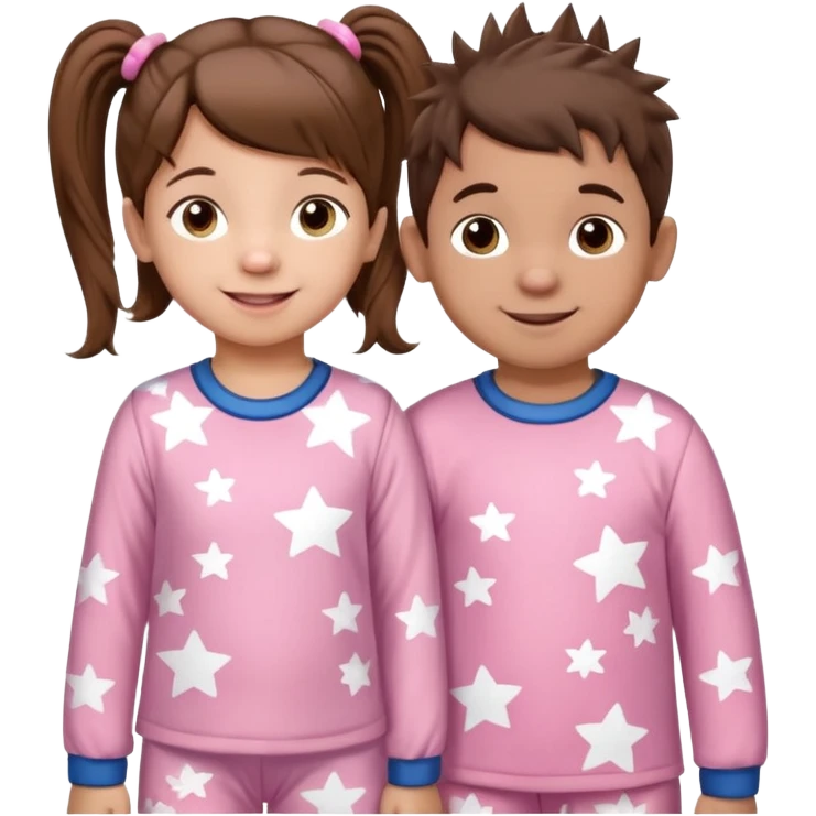 A toddler girl with brown hair with two pig tails, wearing pink pajamas with white stars on them. With a 4 year old boy with spikey brown hair, wearing blue pajamas with white stars on them. Both light skin and smiling. Both with a mix of big and small white stars on the pajamas  emoji