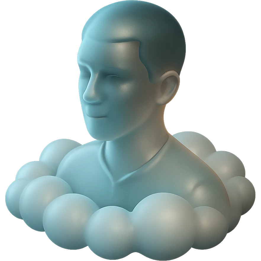 person looking straight, shoulders immersed in fluffy convex white clouds emoji